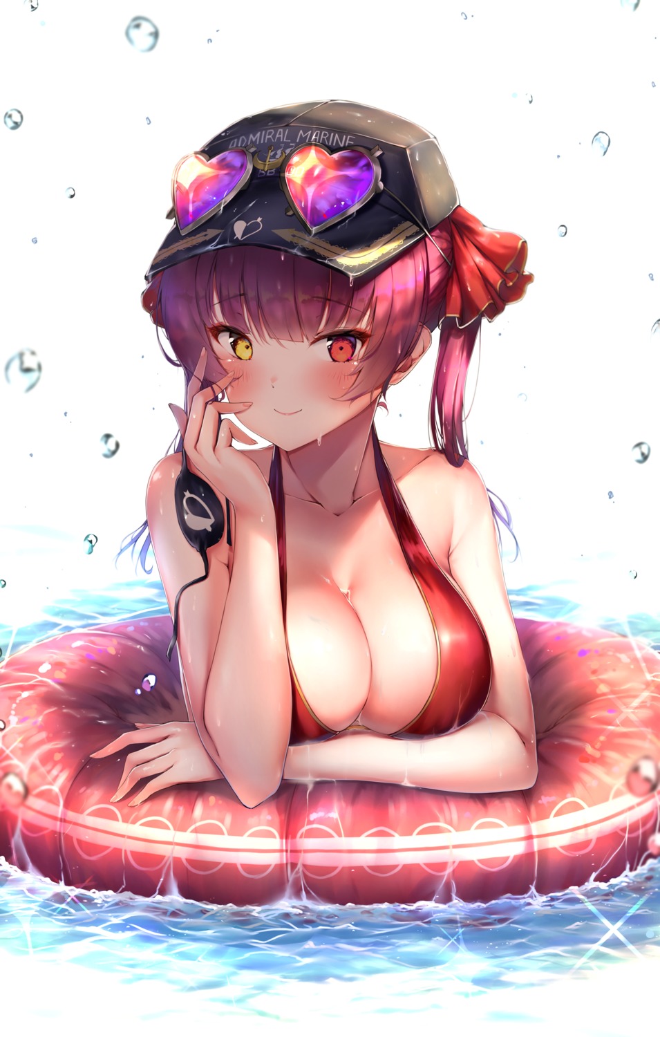 bikini_top cleavage eyepatch heterochromia hololive houshou_marine ijac_ray megane swimsuits wet