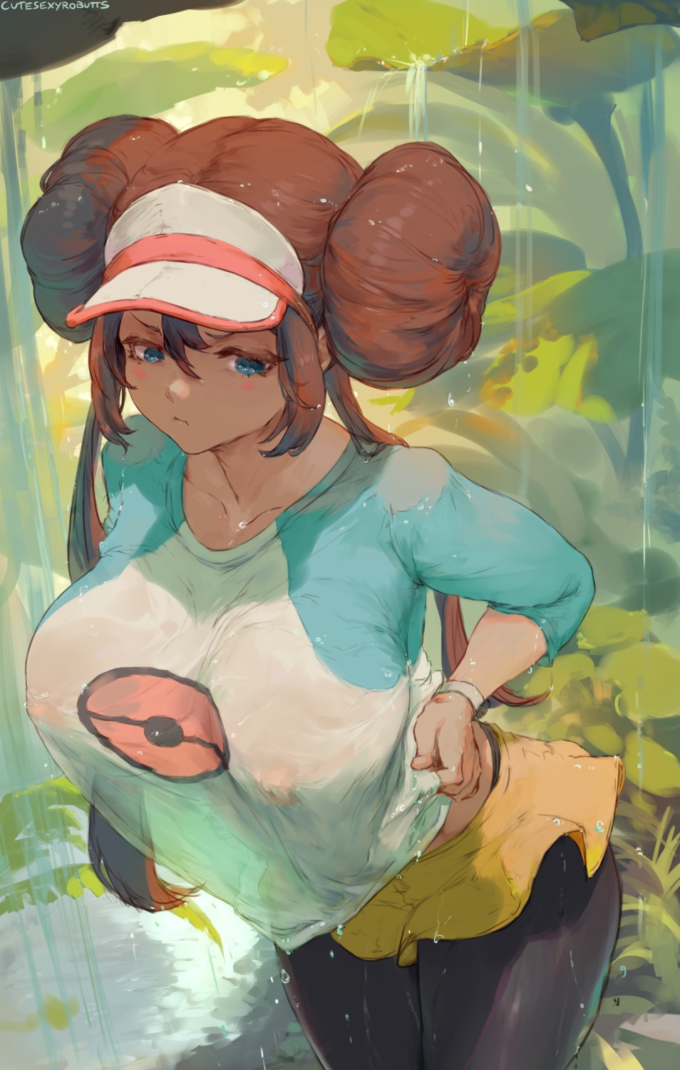 areola cutesexyrobutts mei_(pokemon) no_bra pantyhose pokemon pokemon_b2w2 see_through wet_clothes