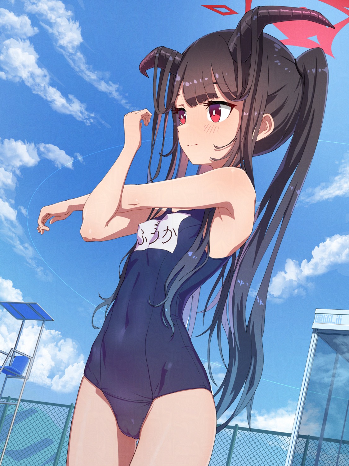 aikiyo_fuuka blue_archive cameltoe erect_nipples halo horns loli school_swimsuit special_cat swimsuits