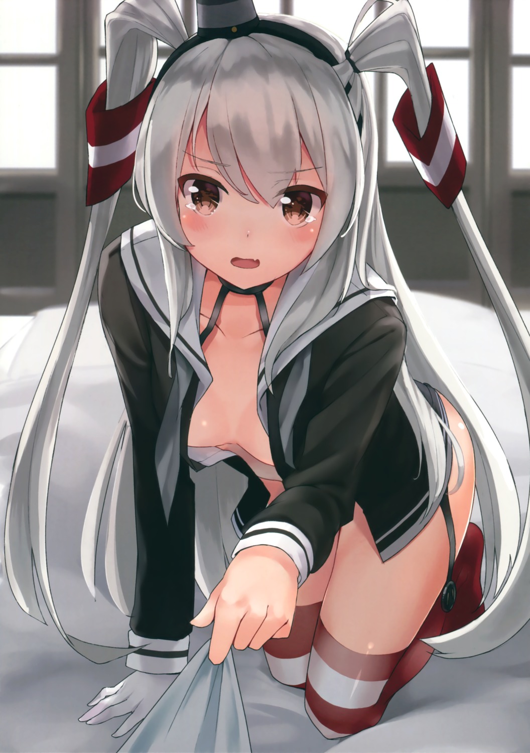 amatsukaze_(kancolle) bottomless cleavage kantai_collection monoto no_bra open_shirt stockings thighhighs uramonoya