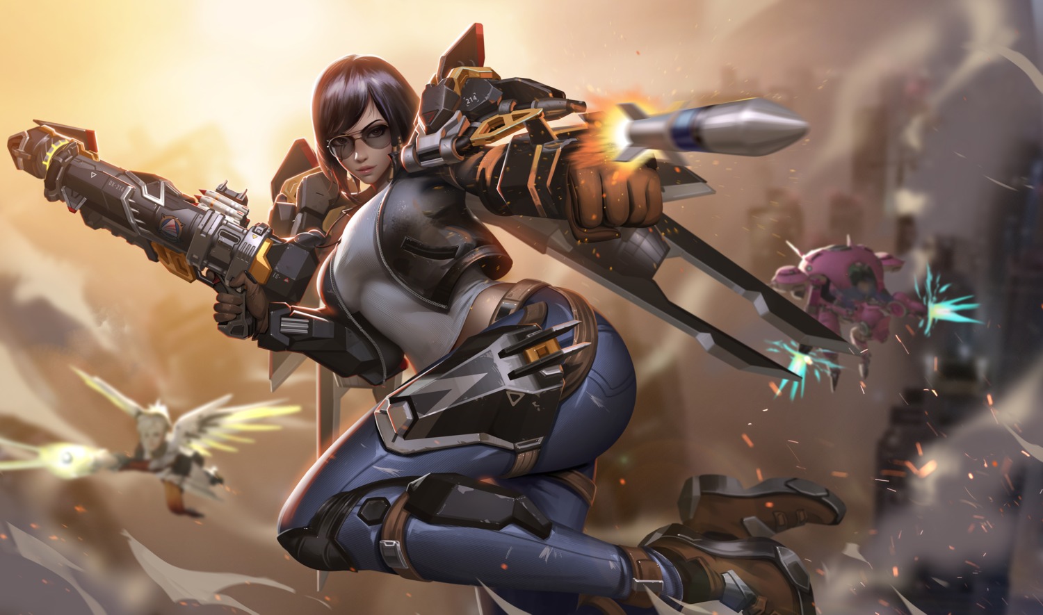 d.va garter gun liang_xing mecha megane mercy_(overwatch) overwatch pharah weapon wings