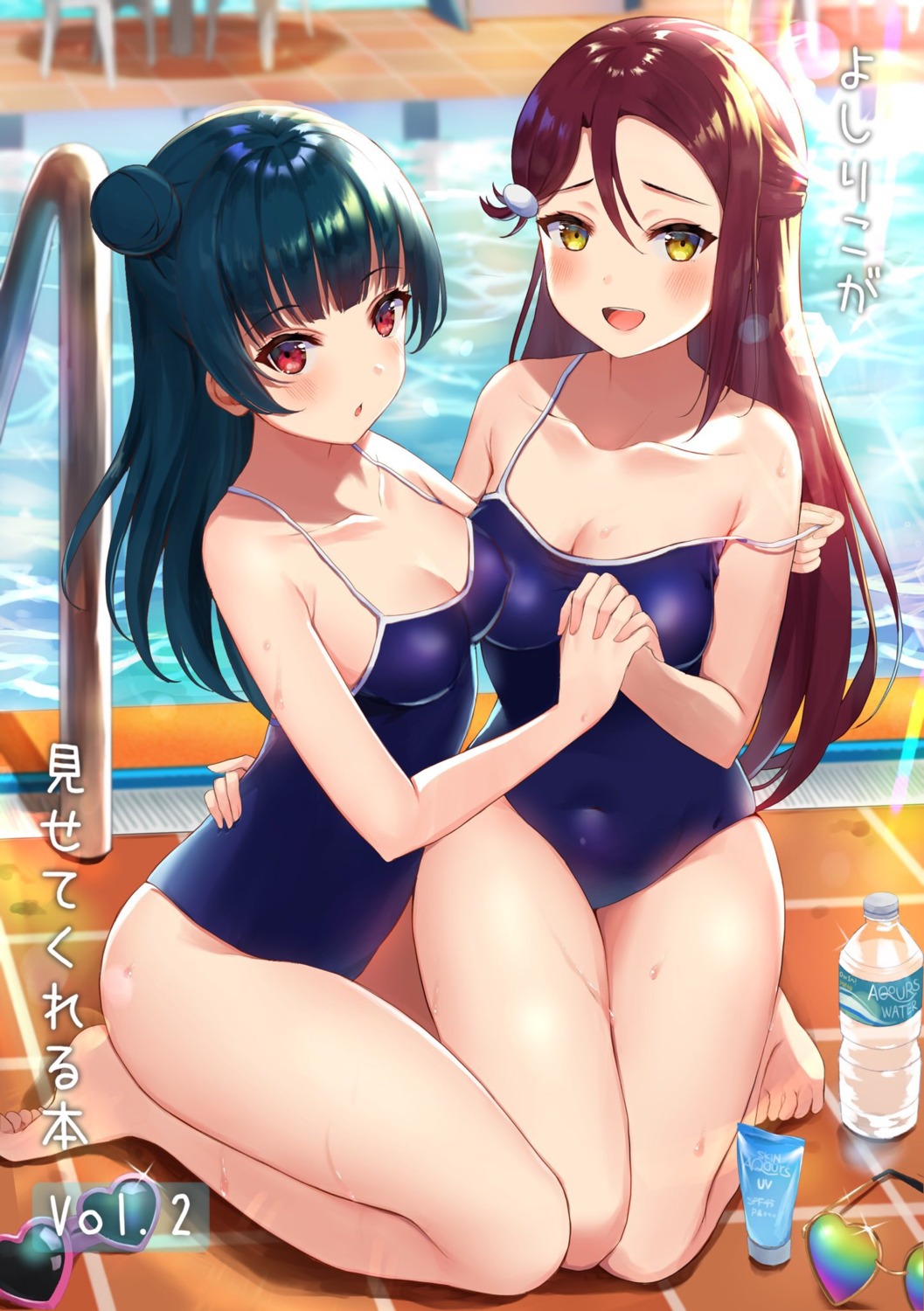 cleavage love_live!_sunshine!! mia_(fai1510) sakurauchi_riko school_swimsuit swimsuits symmetrical_docking tsushima_yoshiko undressing