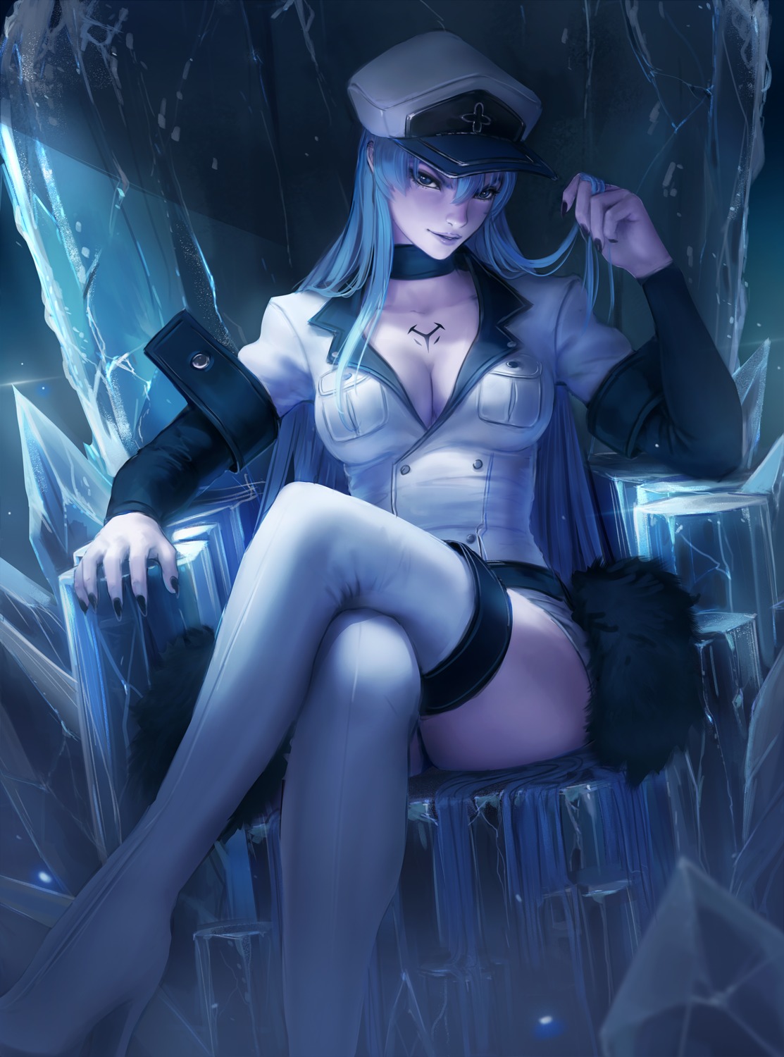 akame_ga_kill! cleavage esdeath heels no_bra open_shirt tattoo thighhighs uniform zarory