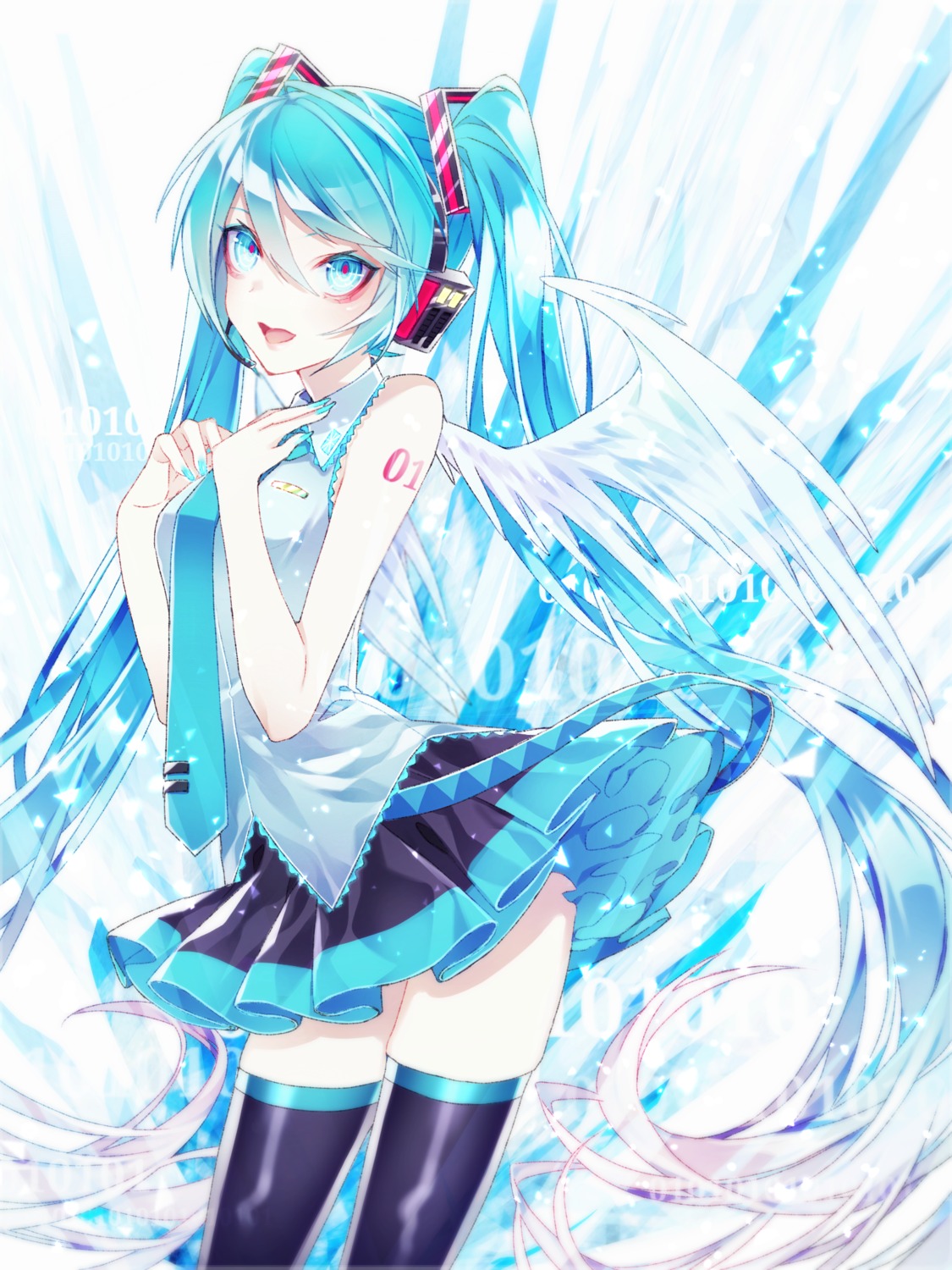 1055 hatsune_miku headphones skirt_lift tattoo thighhighs vocaloid wings