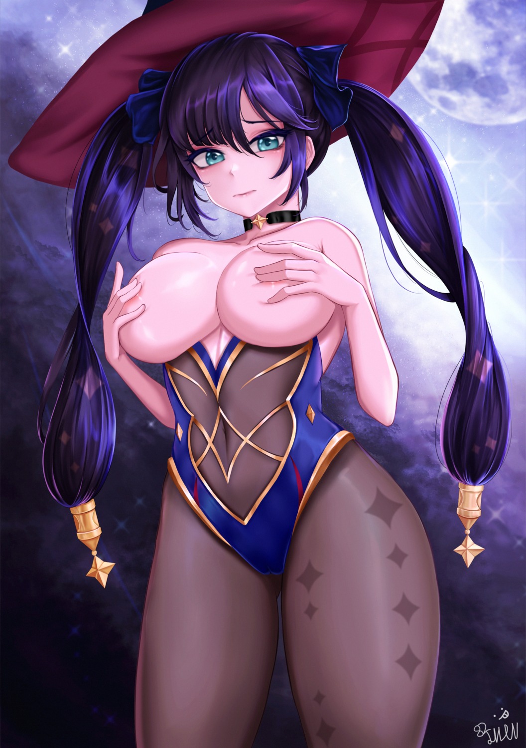 82jhin areola breast_grab breasts genshin_impact leotard mona_megistus no_bra pantyhose thighhighs witch