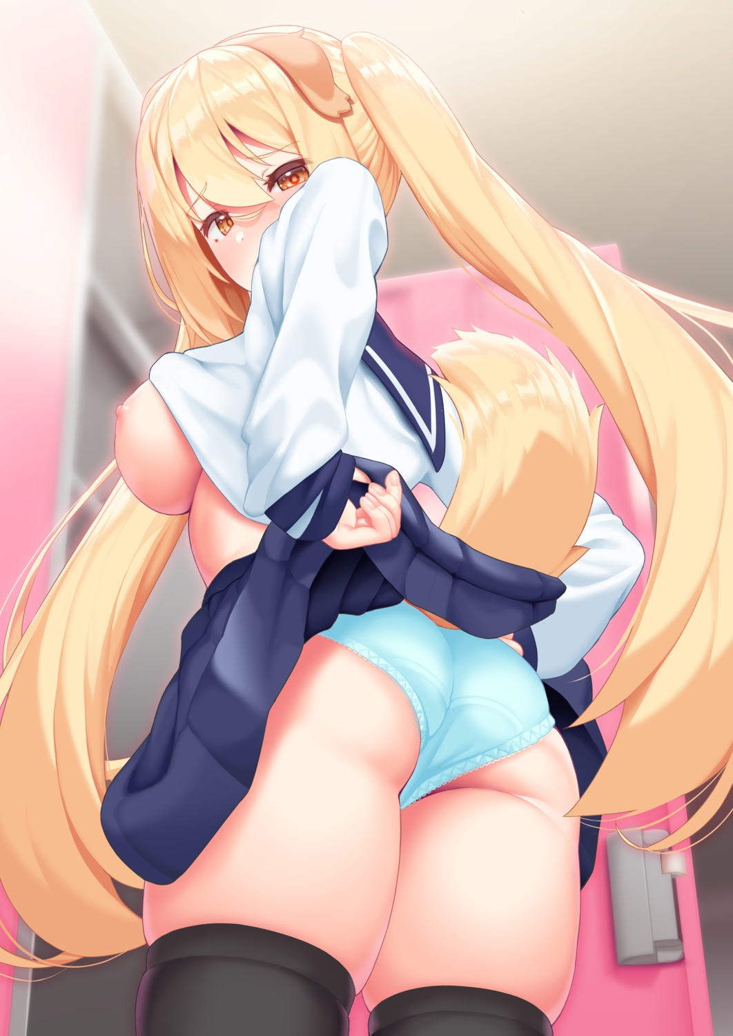 animal_ears inumimi nipples no_bra pantsu seifuku shirt_lift skirt_lift tachimi_(basue) tail thighhighs