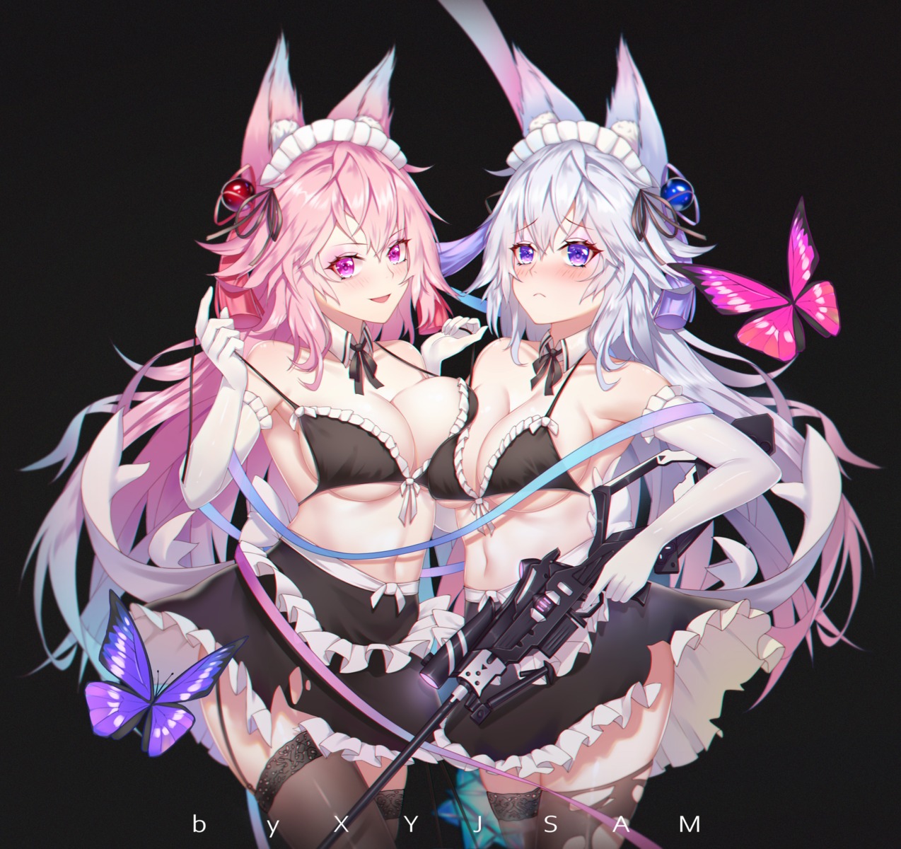 animal_ears bra gun kitsune maid skirt_lift stockings symmetrical_docking thighhighs torn_clothes undressing xianyujun_sam yuri