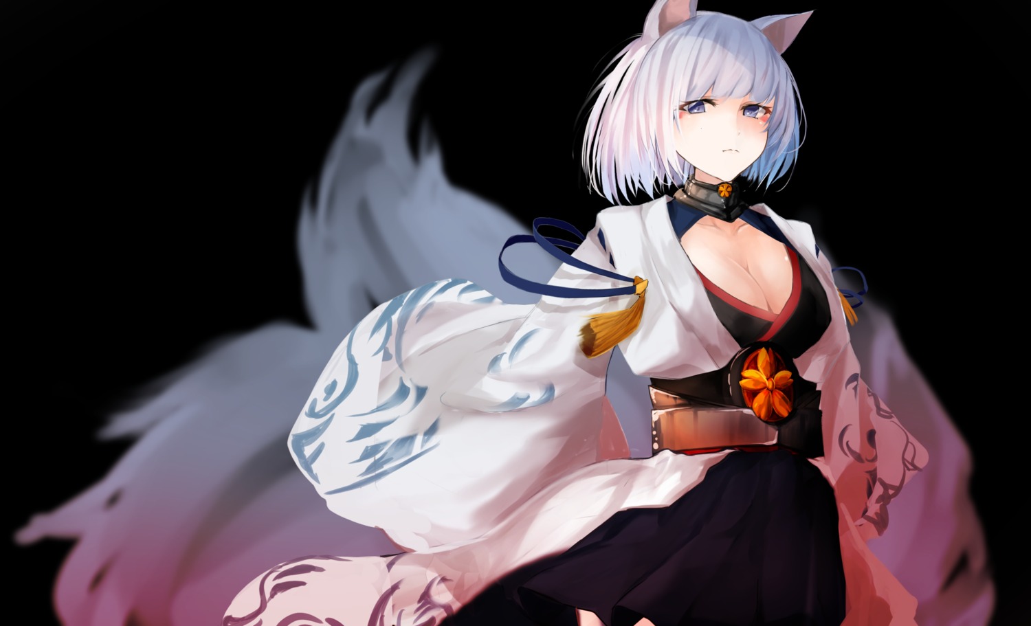 animal_ears azur_lane cleavage japanese_clothes kaga_(azur_lane) kitsune raru_(nanaharararu) tail