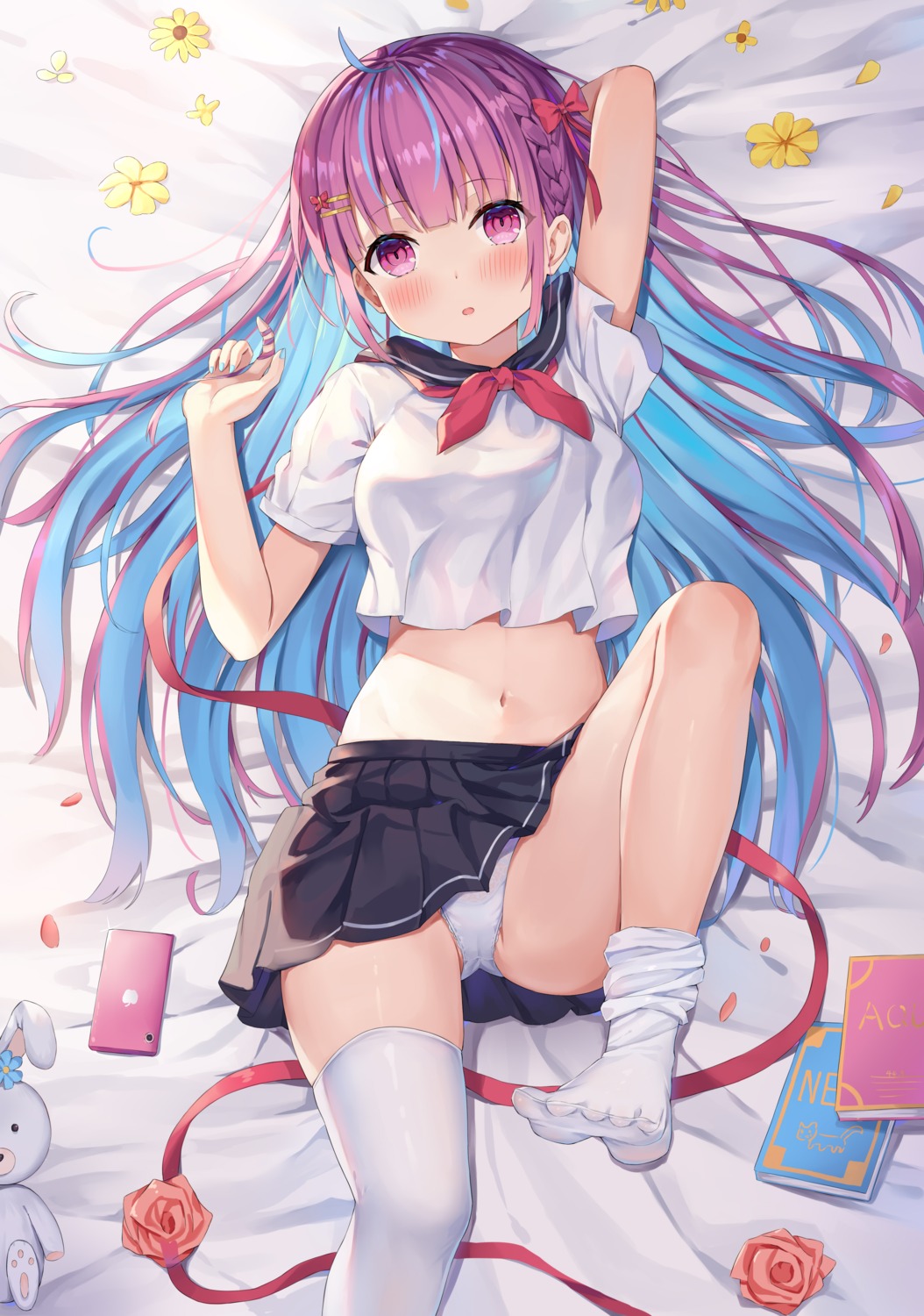 cameltoe feet hololive kizuna minato_aqua pantsu seifuku skirt_lift thighhighs