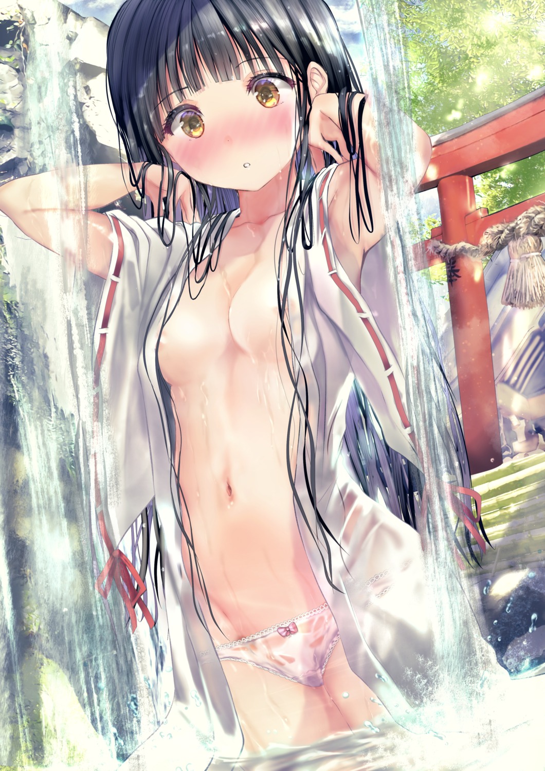areola bathing miko ogata_tei open_shirt pantsu see_through wet wet_clothes