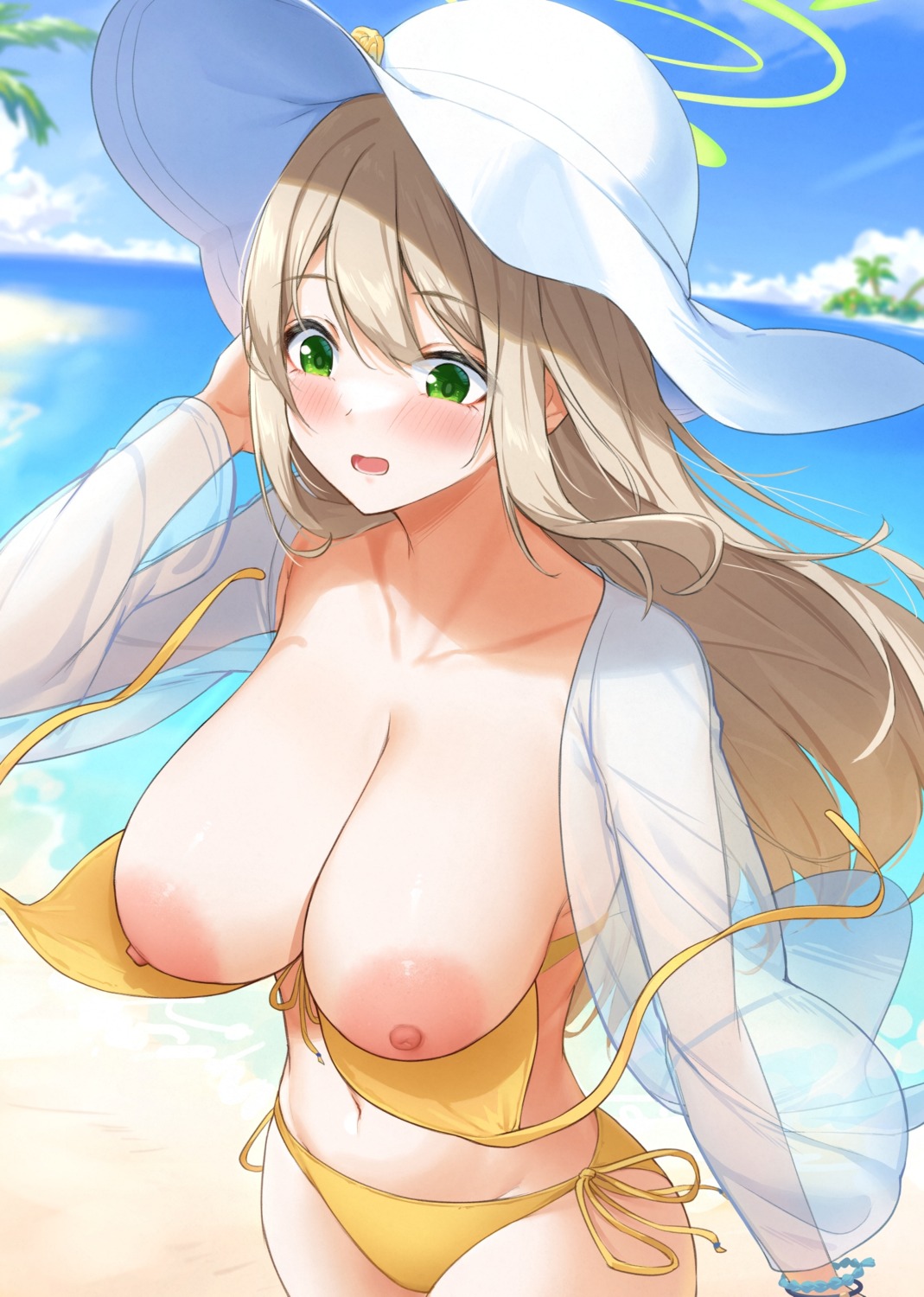 bikini blue_archive breasts gohei_(aoi_yuugure) halo izayoi_nonomi nipples open_shirt see_through swimsuits wardrobe_malfunction