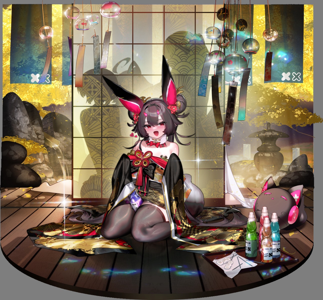 animal_ears cross_core horns japanese_clothes loli no_bra pasties tagme thighhighs transparent_png