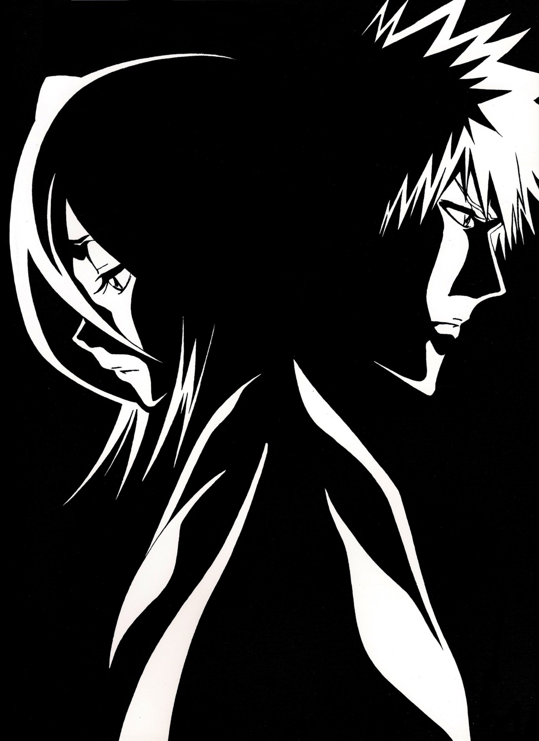 bleach kuchiki_rukia kurosaki_ichigo monochrome