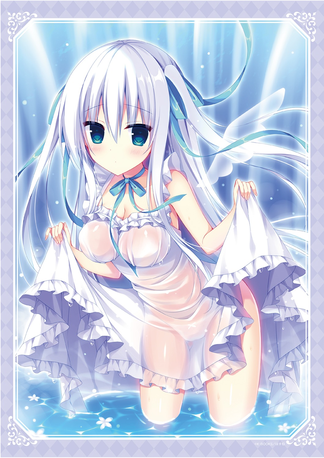 dress hasune no_bra pantsu see_through skirt_lift wet wet_clothes