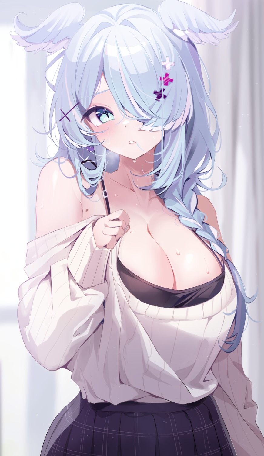 animal_ears deyui elira_pendora lingerie nijisanji nijisanji_en shirt_lift sweater undressing wings