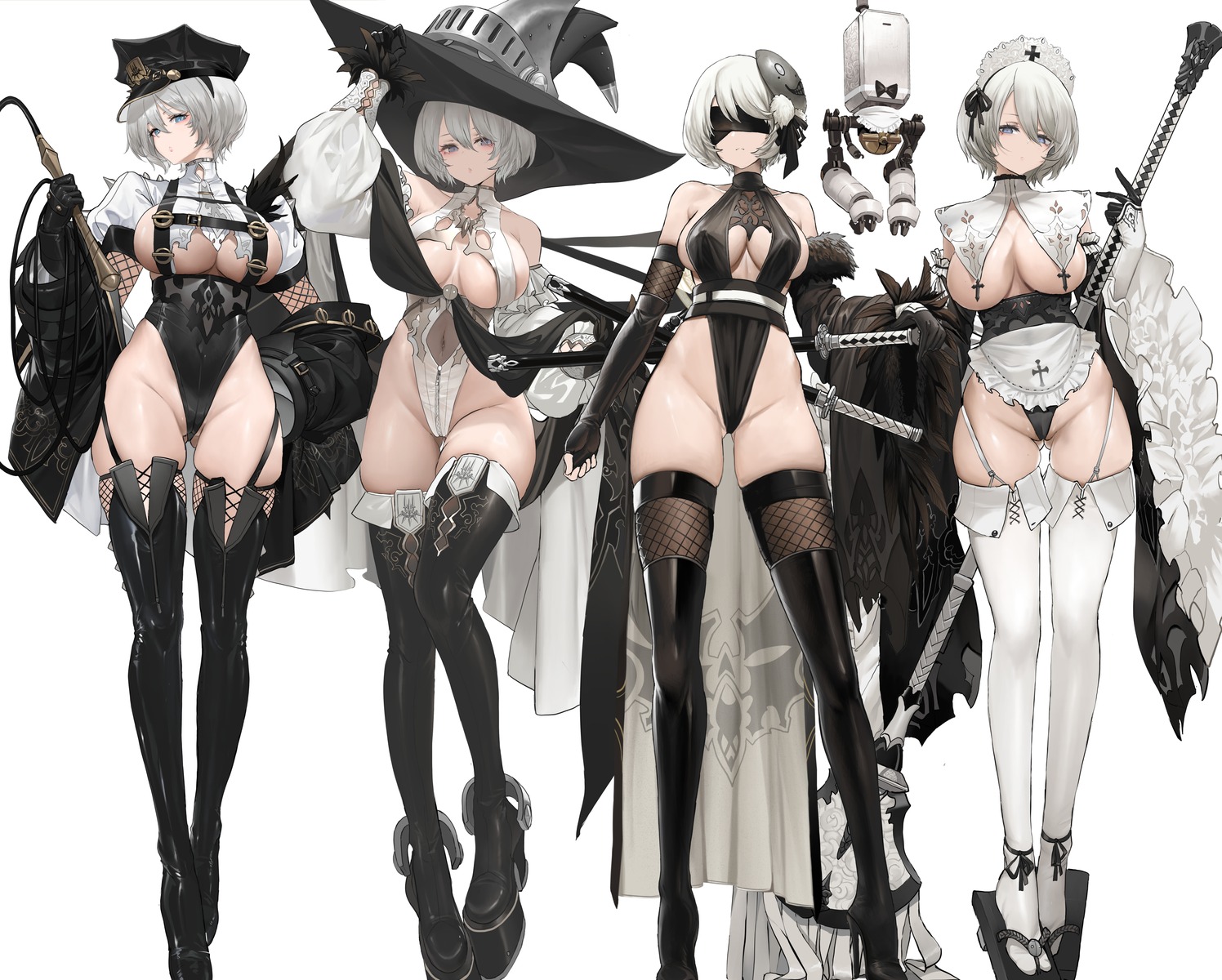 cameltoe dishwasher1910 erect_nipples fishnets heels leotard maid nier nier_automata no_bra pantsu see_through stockings sword thighhighs weapon witch yorha_no.2_type_b