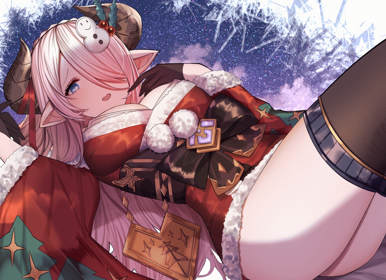 christmas granblue_fantasy horns narumeia_(granblue_fantasy) pointy_ears siu_(siu0207) skirt_lift thighhighs