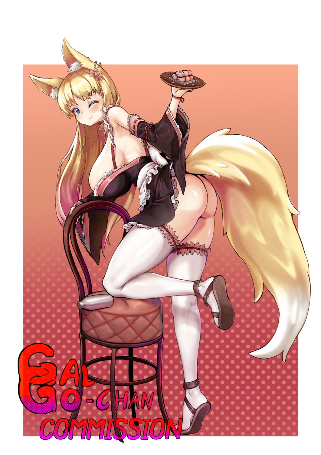 animal_ears ass galgo-chan kitsune maid no_bra nopan skirt_lift tail thighhighs wa_maid