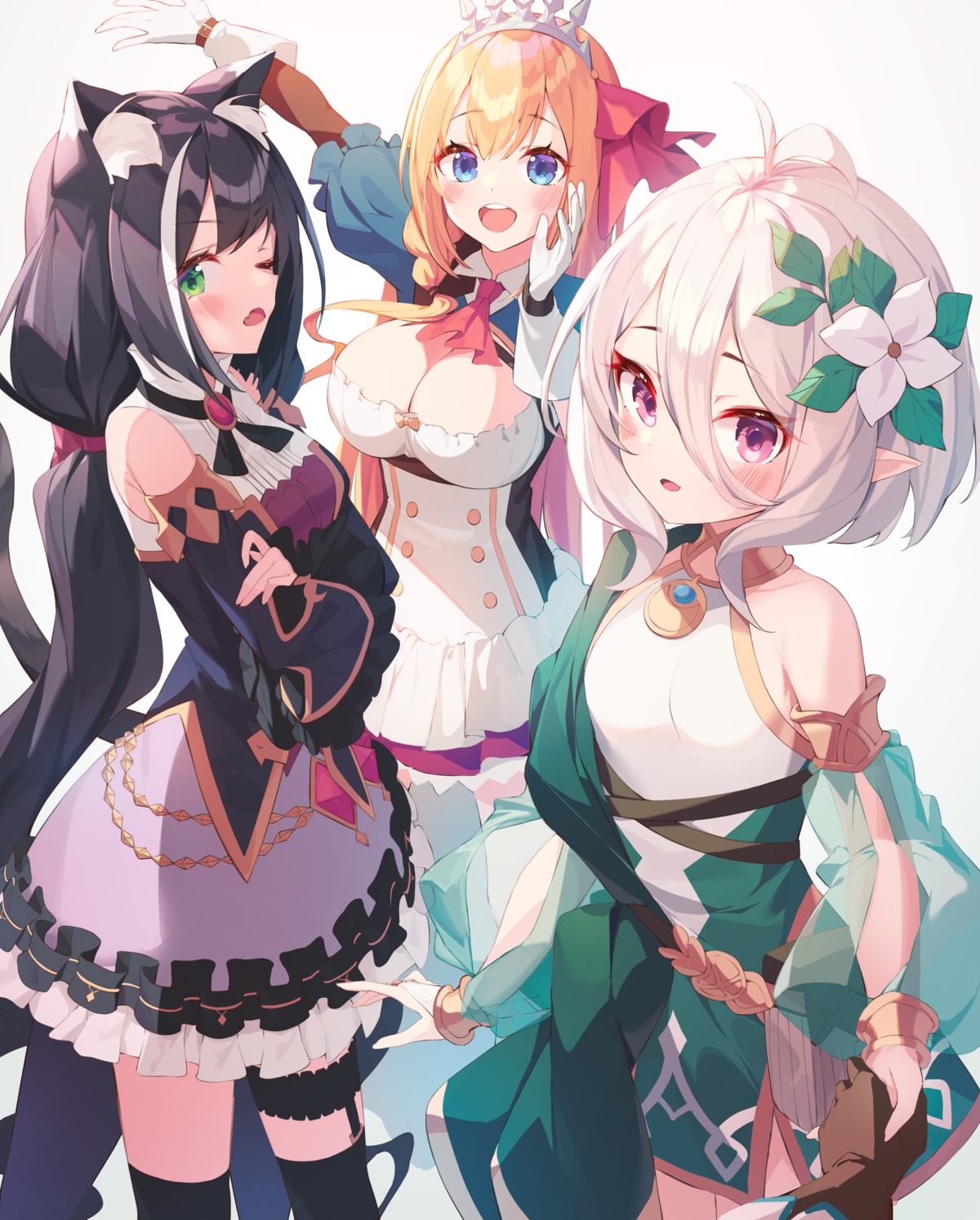 animal_ears dress garter karyl_(princess_connect) kokkoro munseonghwa nekomimi no_bra pecorine pointy_ears princess_connect princess_connect!_re:dive stockings tail thighhighs