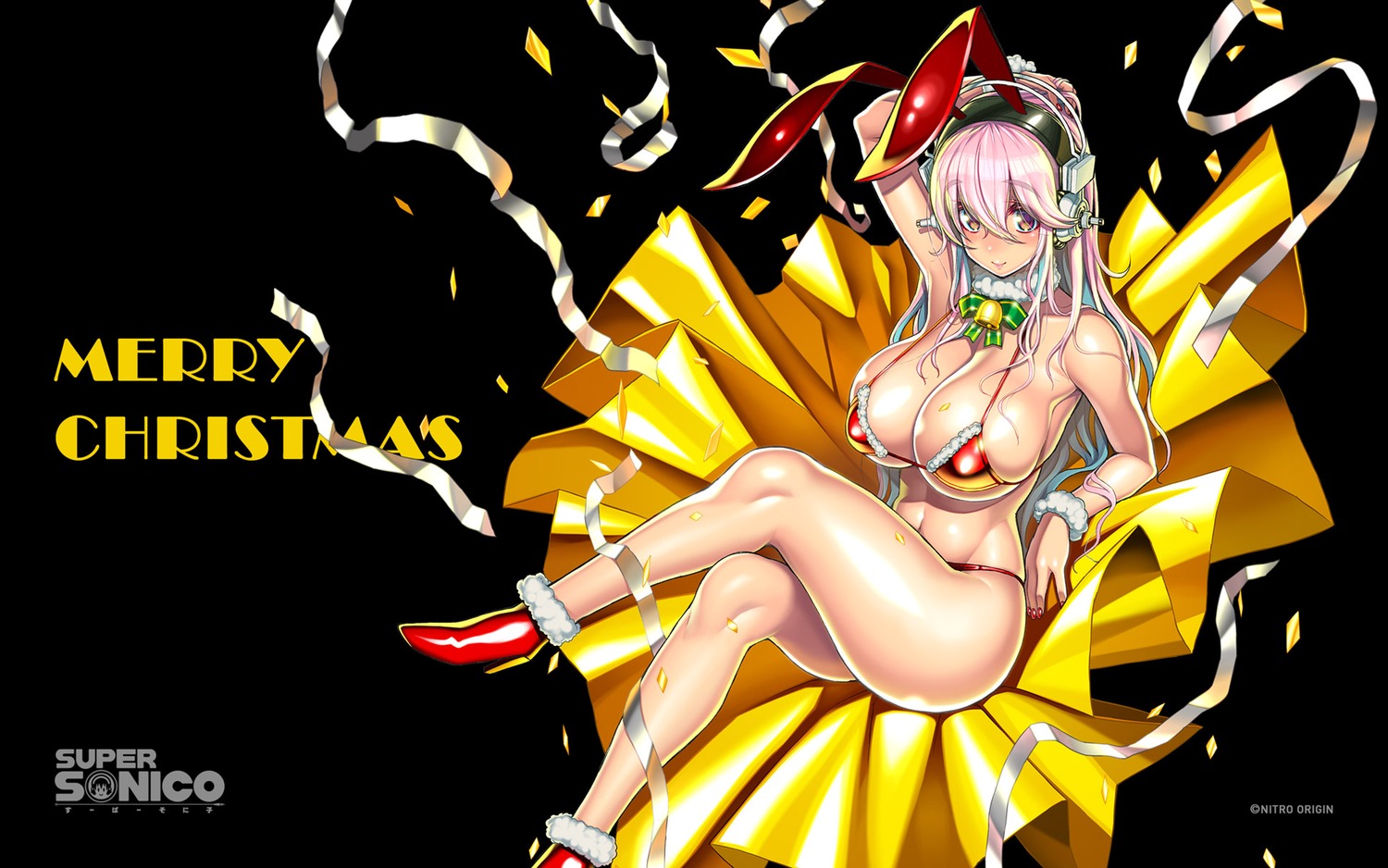 animal_ears bikini bunny_ears christmas headphones heels sonico super_sonico swimsuits tsuji_santa wallpaper