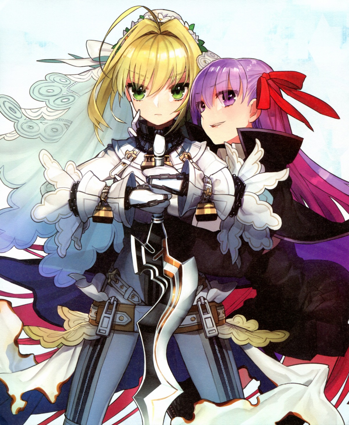 bb_(fate/extra_ccc) bodysuit fate/extra fate/extra_ccc fate/stay_night paper_texture saber_bride saber_extra wada_rco yuri