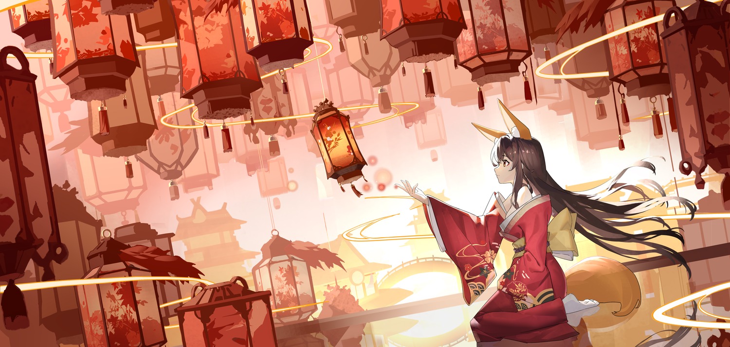 animal_ears japanese_clothes kitsune landscape mouma tail