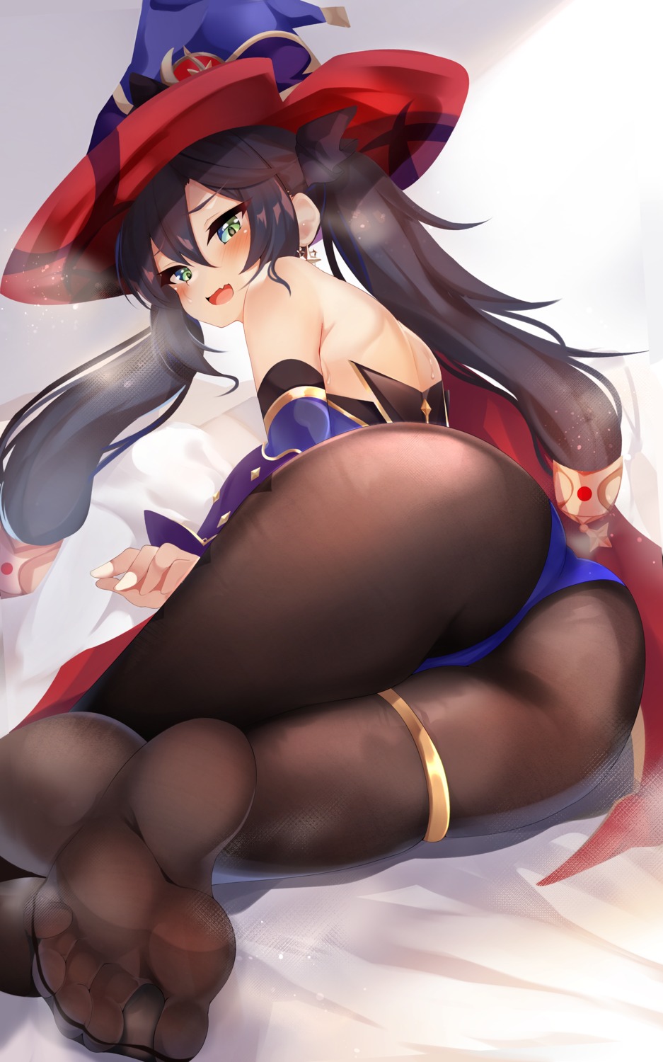 ass feet garter genshin_impact mona_megistus moneko1107 no_bra pantyhose witch