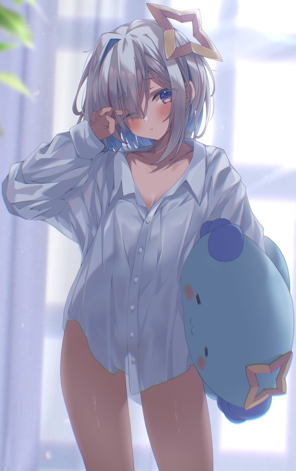 absent amane_kanata dress_shirt halo hololive see_through