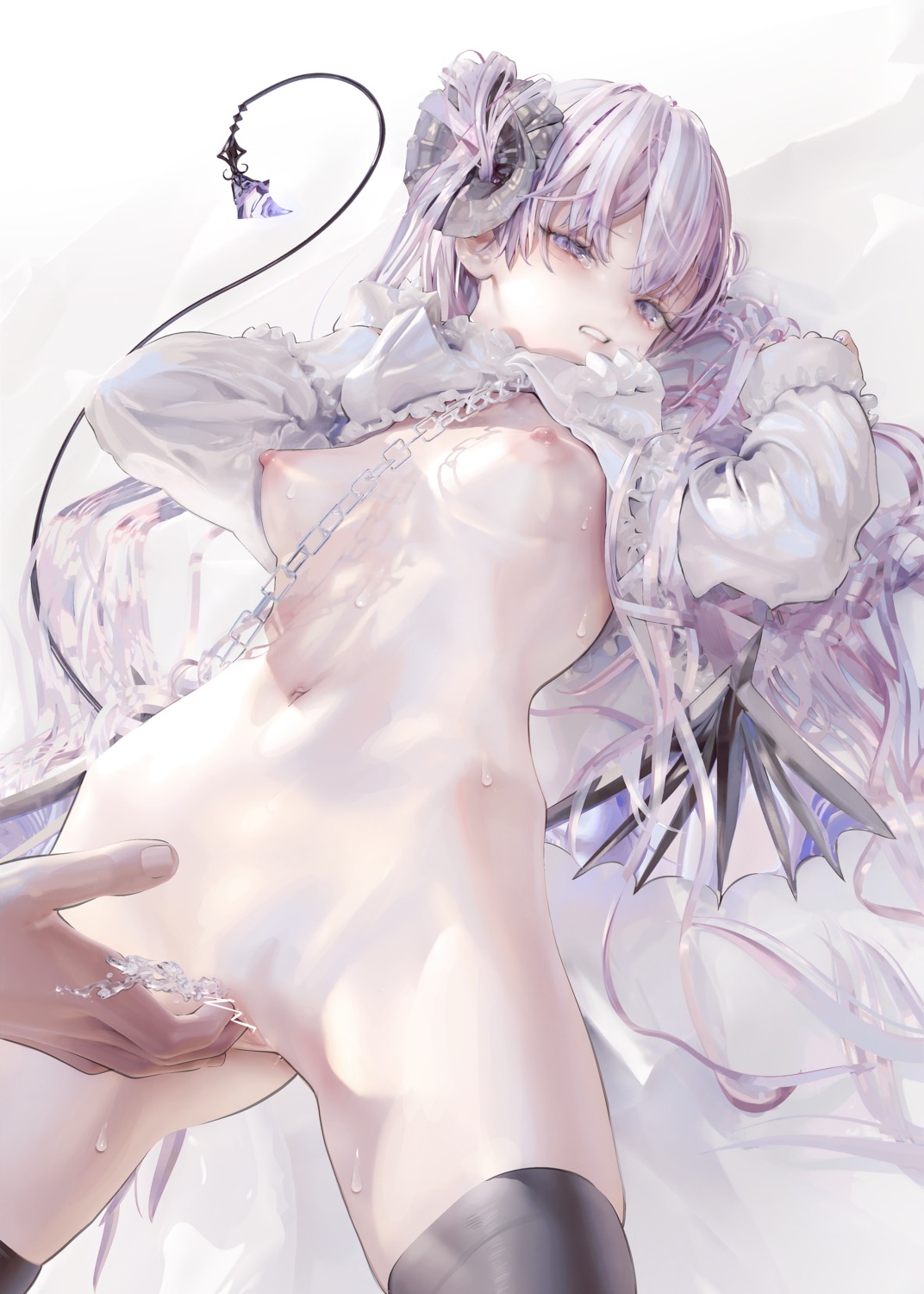 bottomless breasts censored fingering horns iijima_masashi nipples no_bra pee pussy tail thighhighs wings