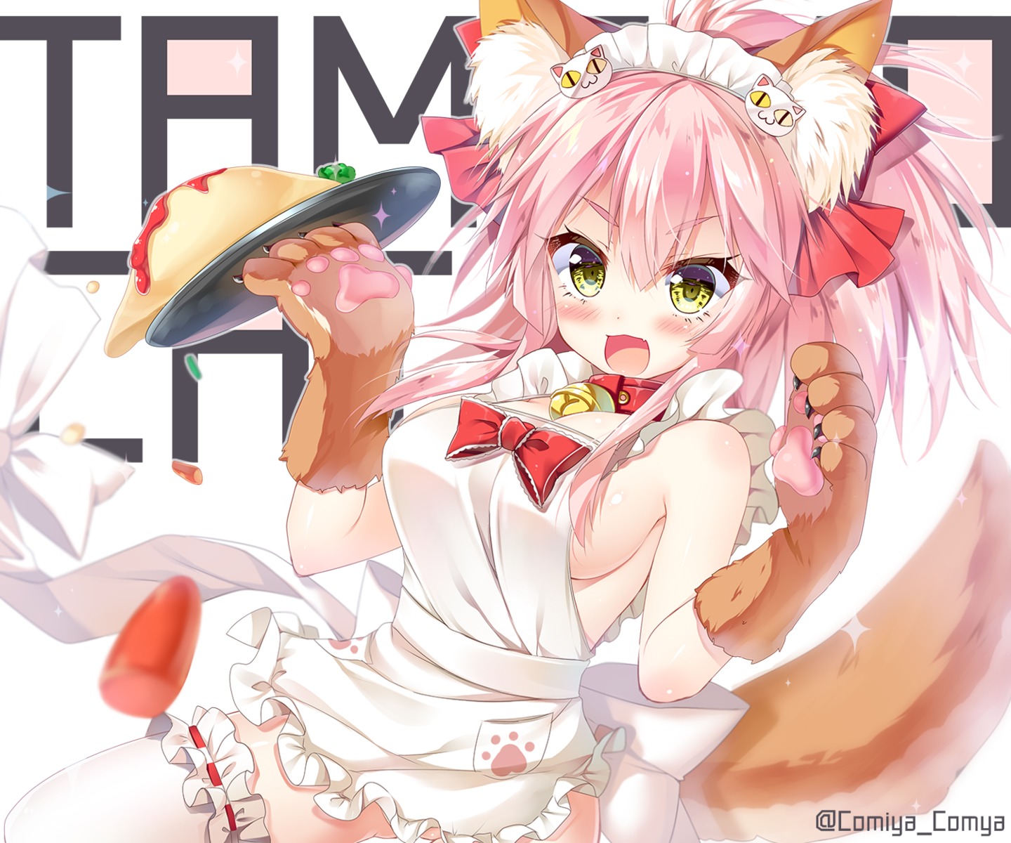 animal_ears fate/grand_order kitsune komiya_hitoma naked_apron tail tamamo_cat thighhighs