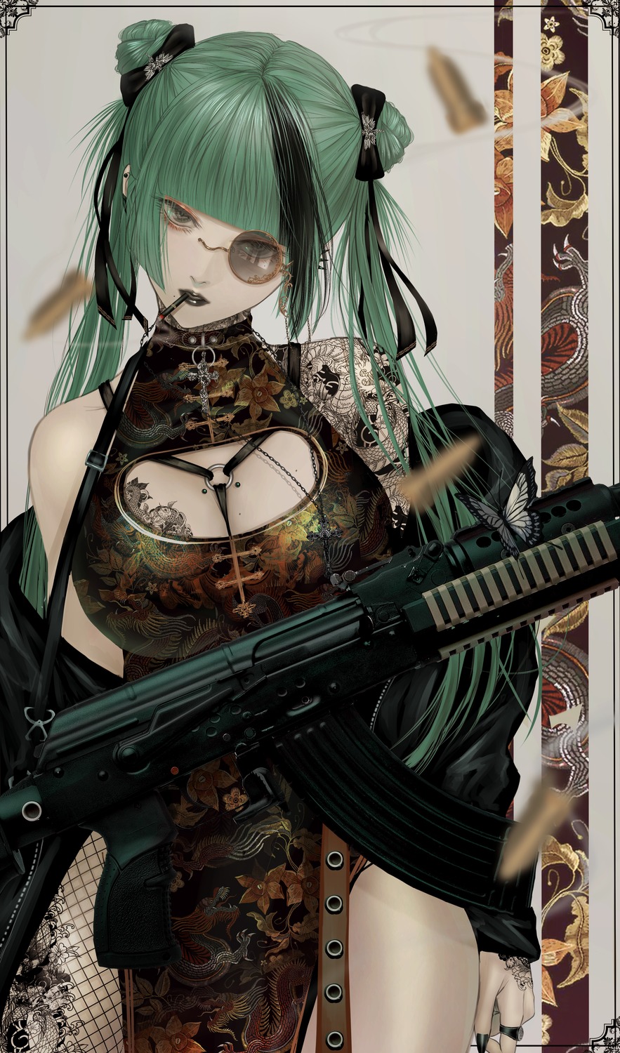 chinadress fishnets gun megane satsuki_kei smoking tattoo