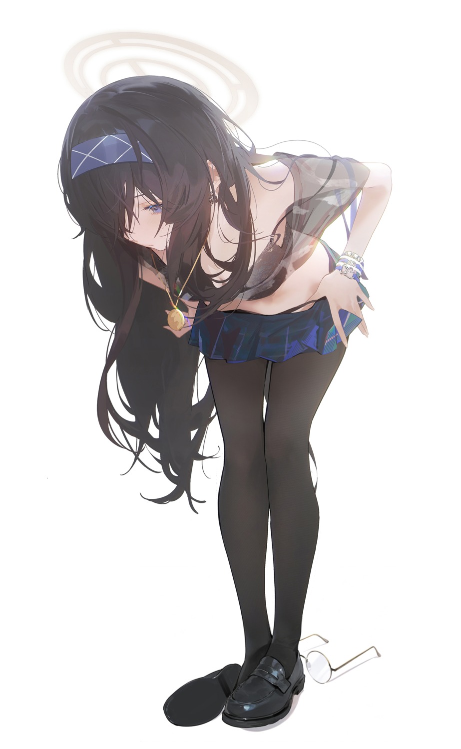 artist_revision blue_archive bra drive_shot halo kozeki_ui pantsu panty_pull pantyhose see_through undressing