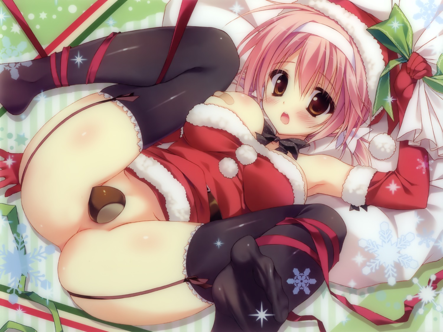 bandaid breasts christmas dress no_bra nopan pasties ryohka skirt_lift stockings thighhighs wardrobe_malfunction