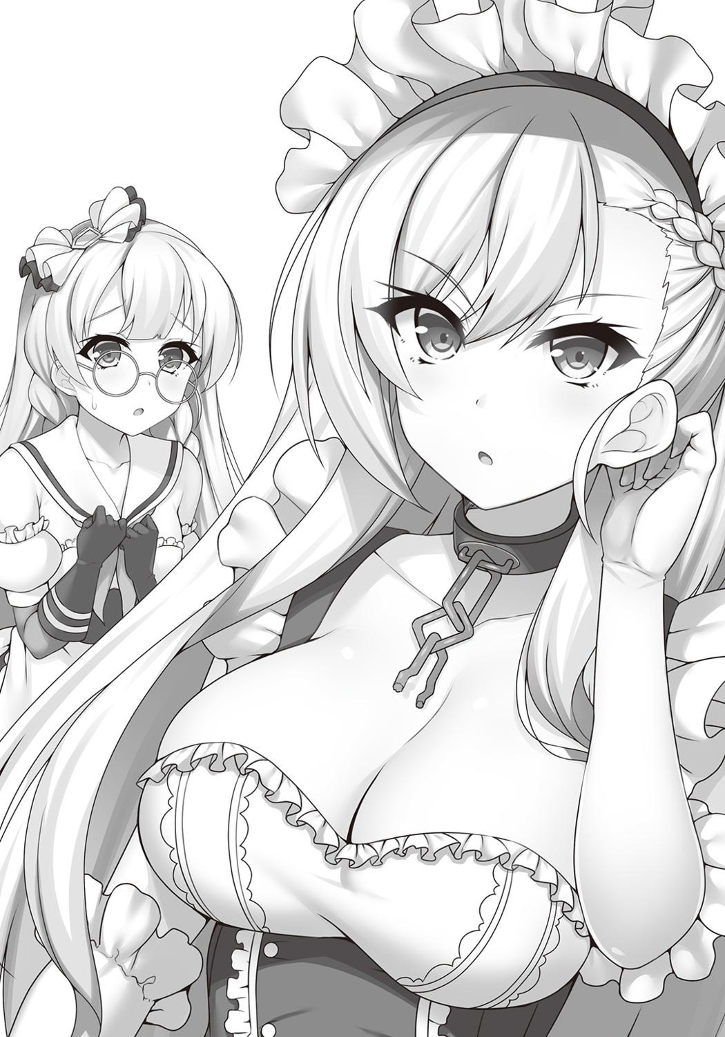 azur_lane azur_lane_episode_of_belfast belfast_(azur_lane) breast_hold cleavage edinburgh_(azur_lane) maid megane monochrome raiou seifuku