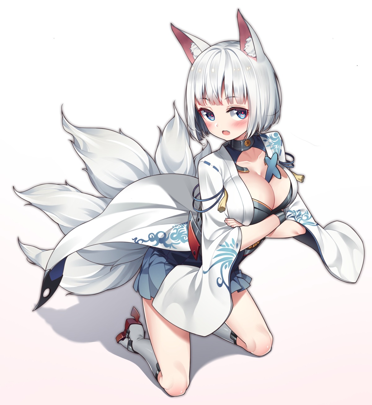 animal_ears azur_lane breast_hold cleavage hop3 japanese_clothes kaga_(azur_lane) kitsune tail