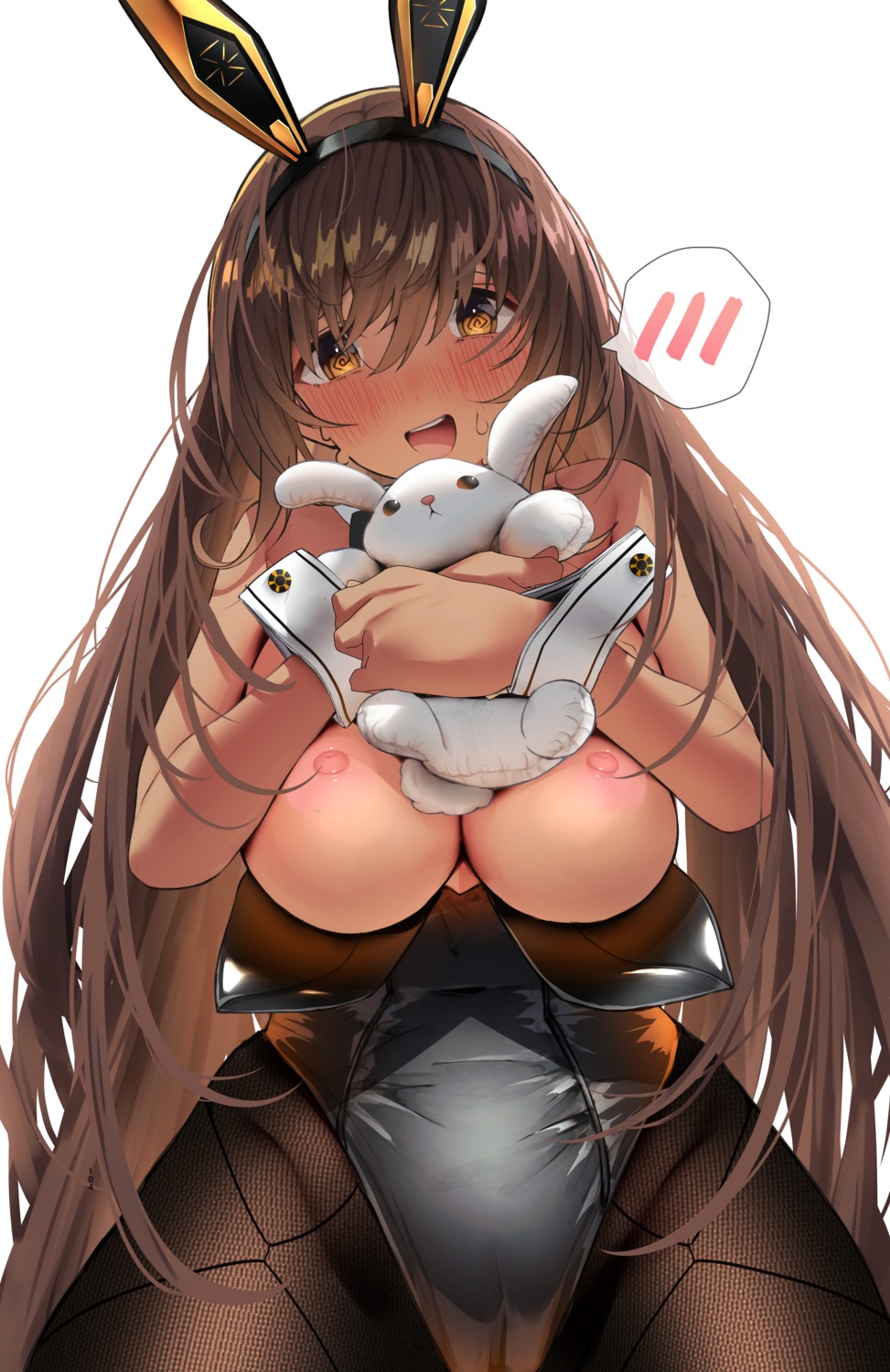 animal_ears breast_hold breasts bunny_ears bunny_girl cameltoe goddess_of_victory:_nikke nidaime nipples no_bra noir_(nikke) pantyhose