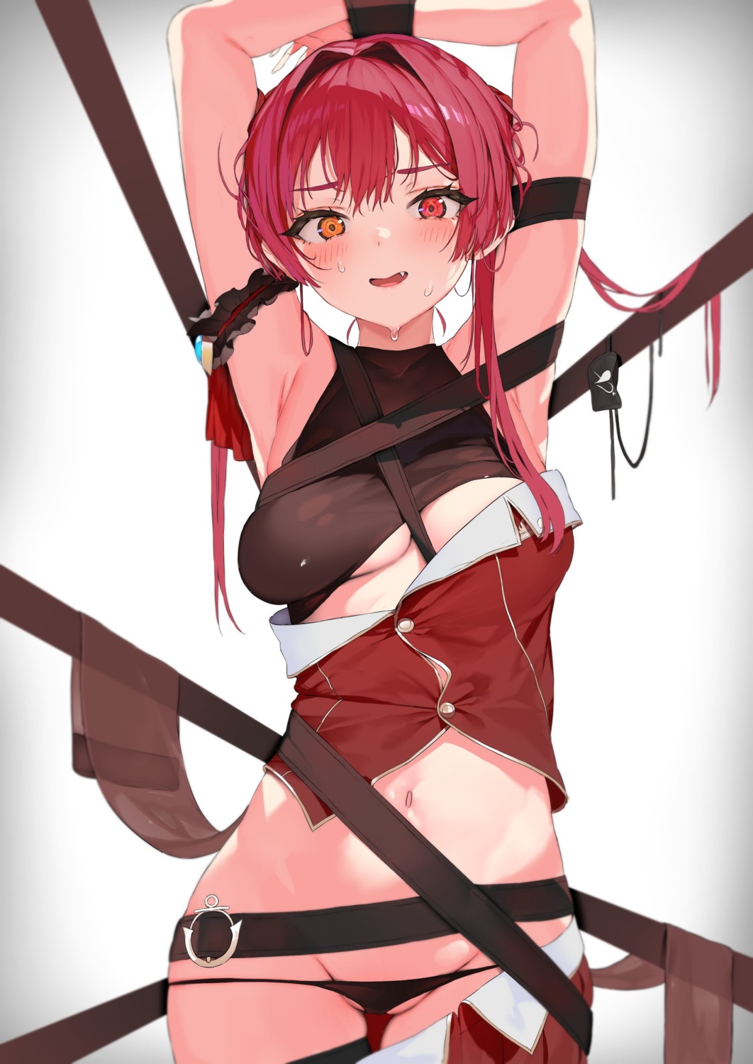 bondage heterochromia hololive houshou_marine no_bra pantsu panty_pull pomesaurus shirt_lift