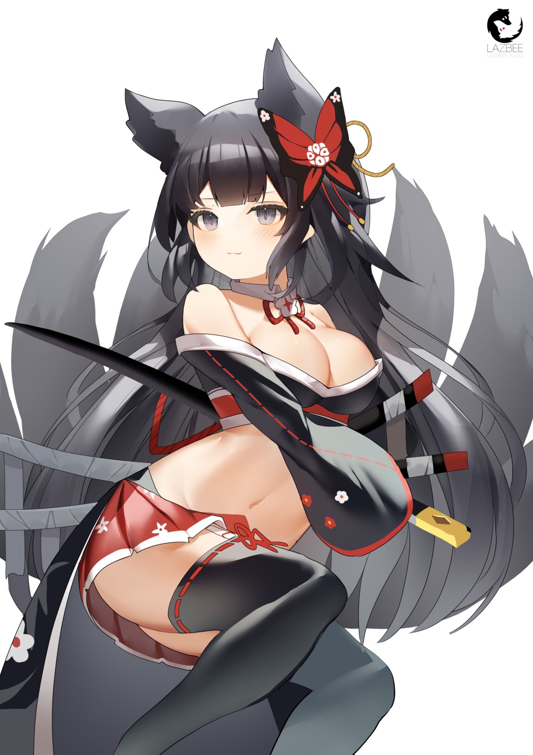 animal_ears japanese_clothes kitsune lazbee no_bra open_shirt skirt_lift stockings sword tail thighhighs
