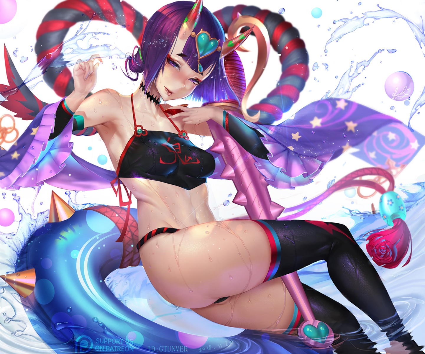 fate/grand_order fundoshi gtunver horns lingerie official_watermark shuten_douji_(fate/grand_order) tail thighhighs thong weapon wet