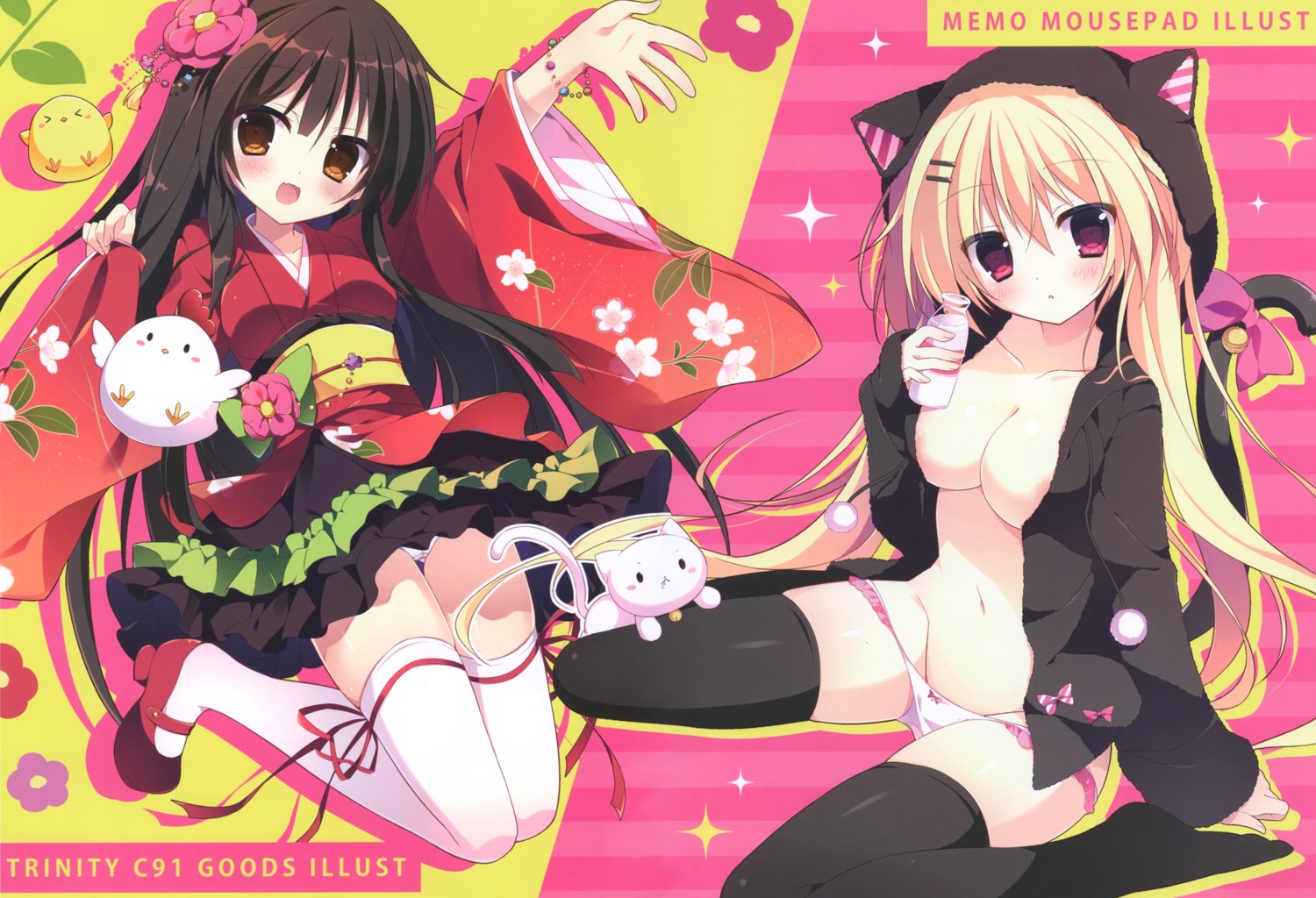 apupop areola heels japanese_clothes muku_(apupop) no_bra open_shirt pantsu panty_pull skirt_lift thighhighs