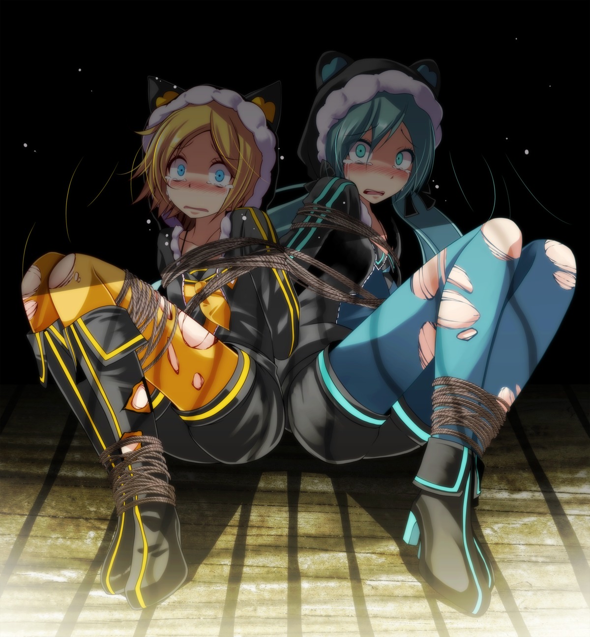 bondage hatsune_miku heels kagamine_rin pantyhose torn_clothes tsukishiro_saika vocaloid