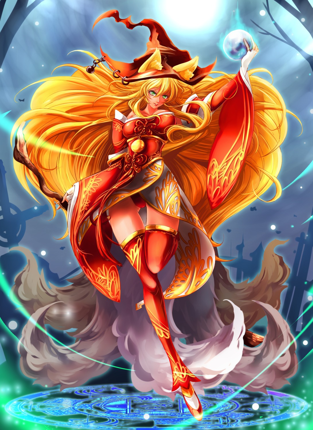 aata1007 ahri animal_ears asian_clothes kitsune league_of_legends pantsu tail thighhighs witch