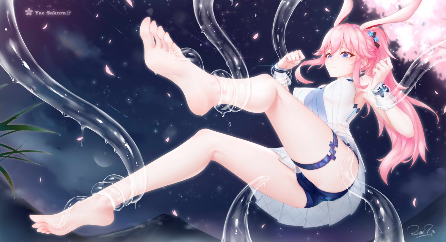 animal_ears benghuai_xueyuan bondage bunny_ears cameltoe erect_nipples evan_(912319) feet garter honkai_impact skirt_lift tentacles yae_sakura_(benghuai_xueyuan)