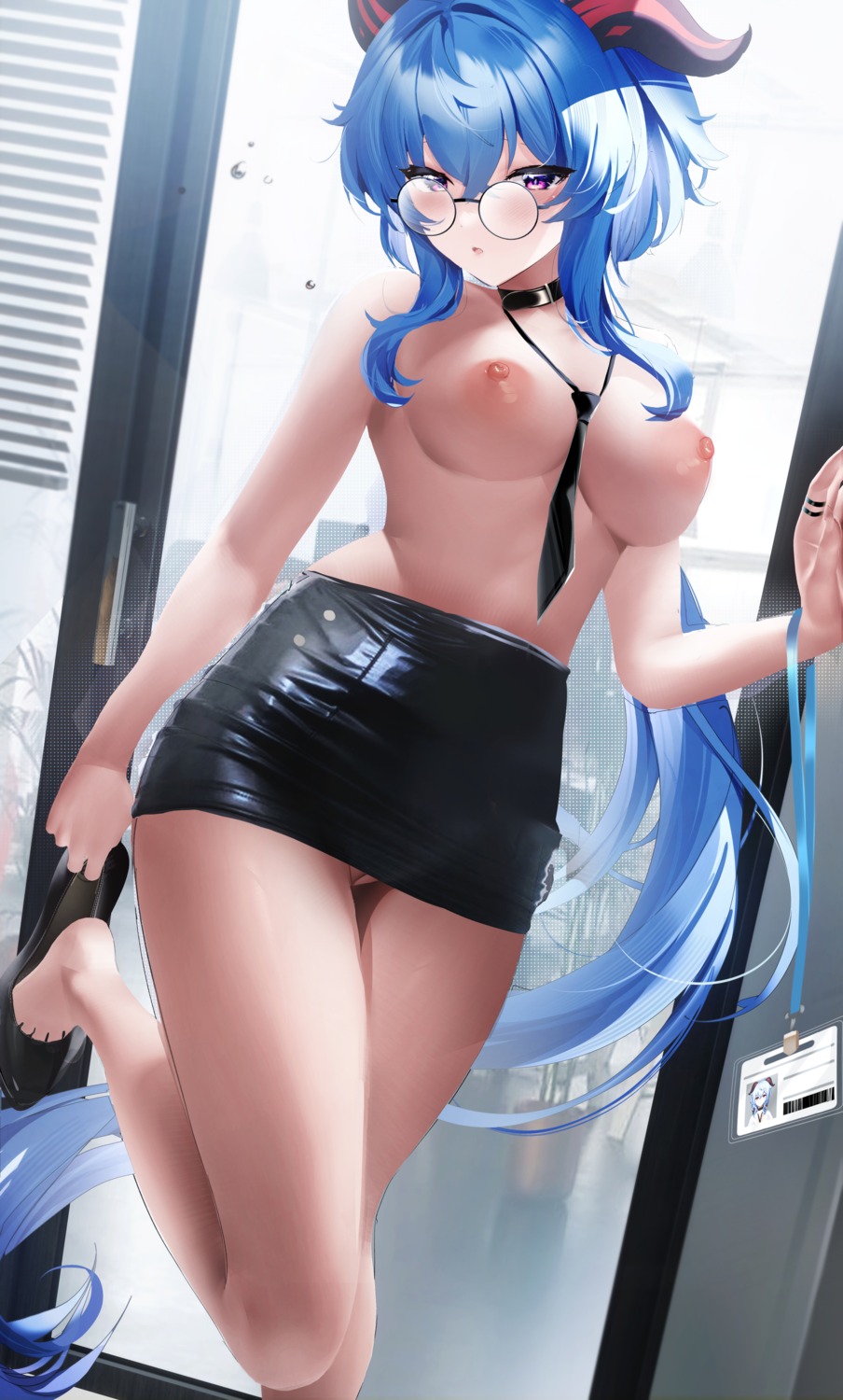 fantongjun ganyu genshin_impact horns megane nipples nopan pussy skirt_lift topless uncensored