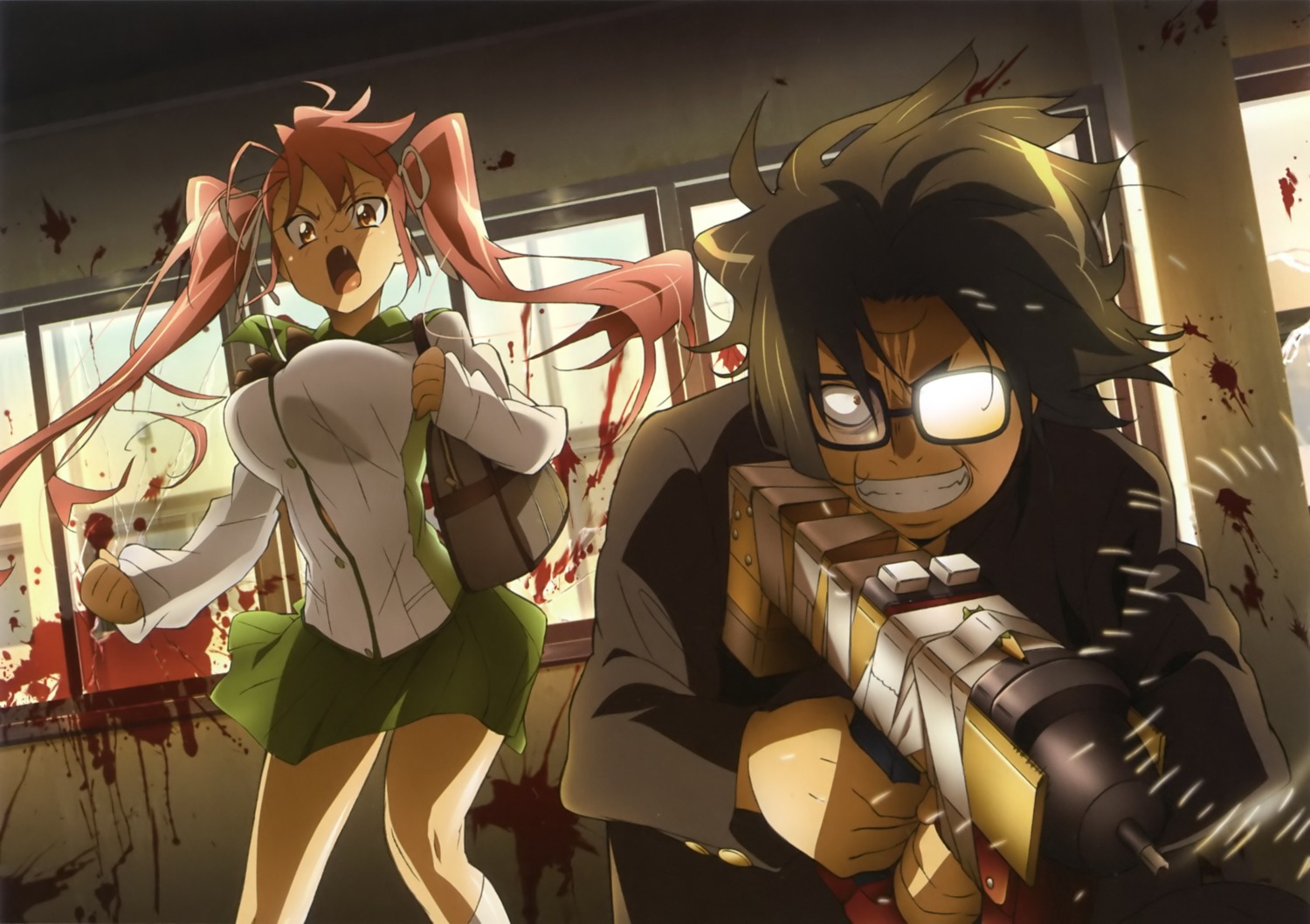 blood highschool_of_the_dead hirano_kohta megane seifuku takagi_saya