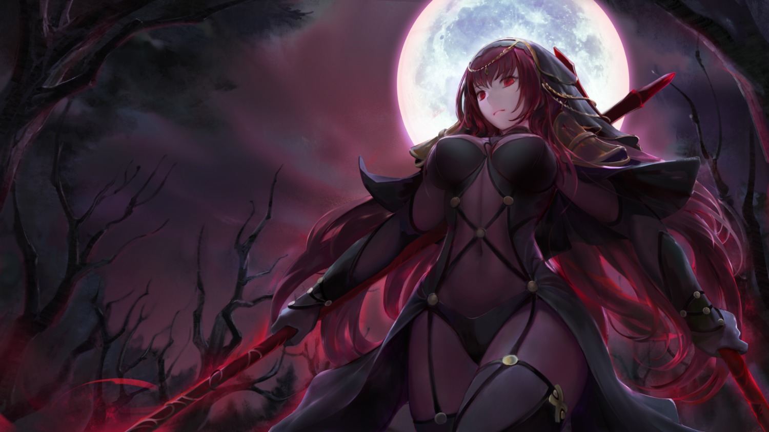 armor bodysuit chowbie fate/grand_order scathach_(fate/grand_order) stockings thighhighs wallpaper weapon