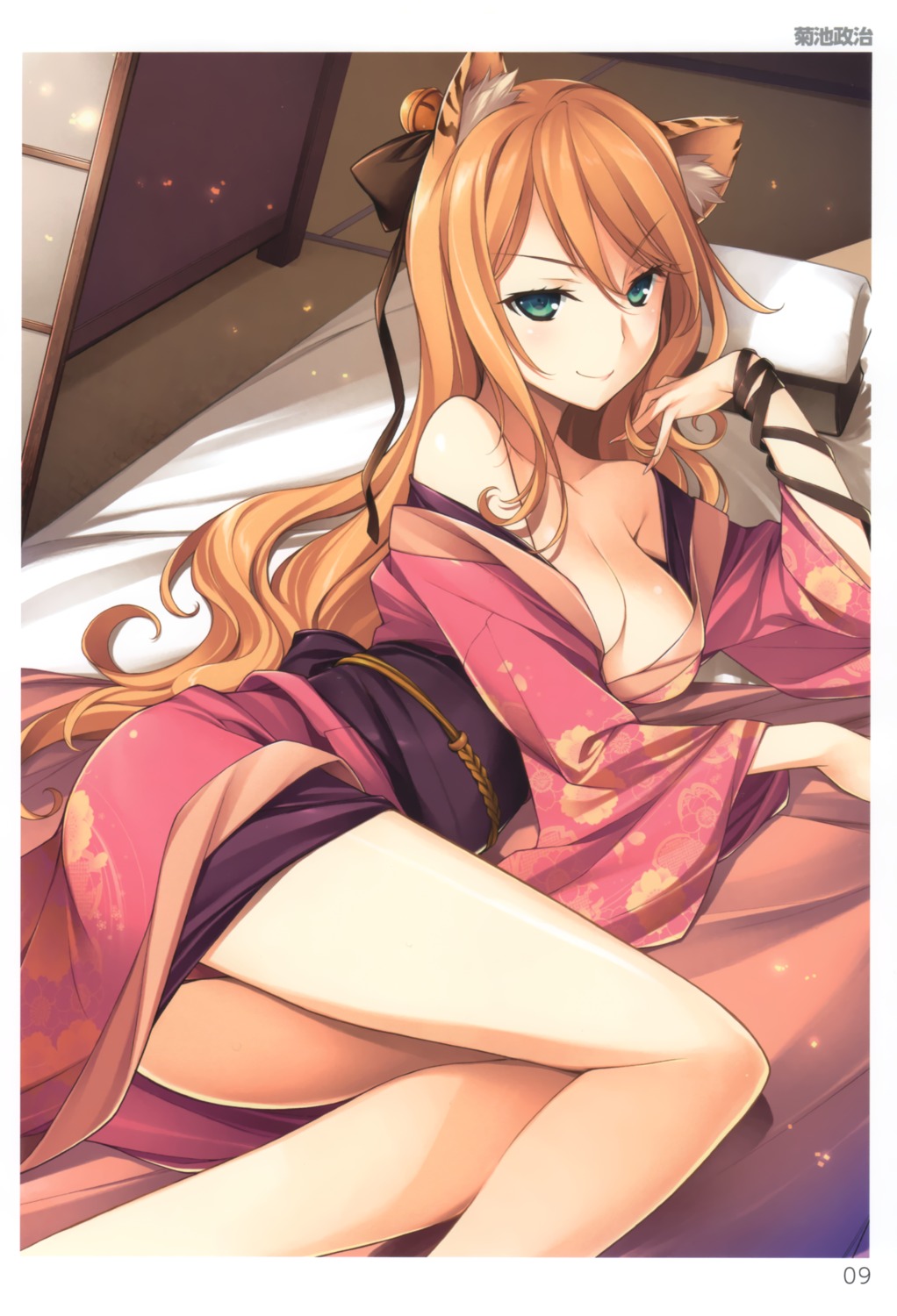 animal_ears cleavage kikuchi_seiji kimono no_bra toranoana