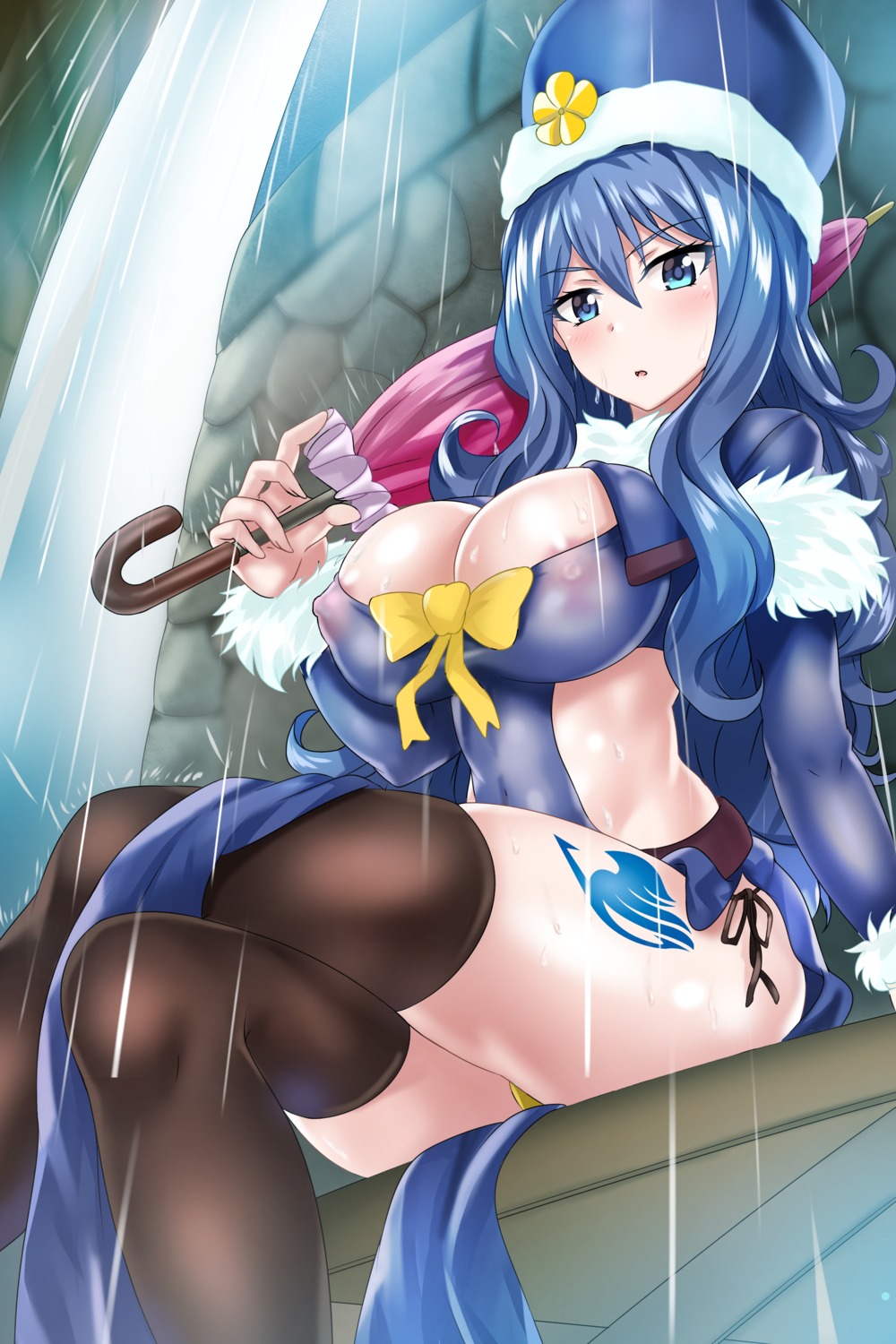 areola erect_nipples fairy_tail juvia_lockser nez-kun no_bra pantsu see_through string_panties tattoo thighhighs umbrella wet