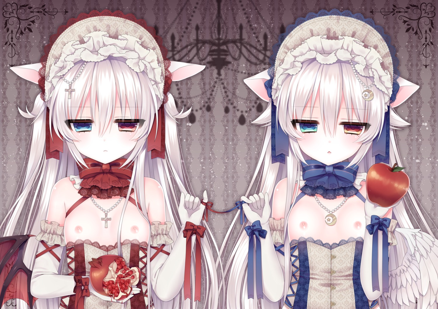 animal_ears breasts gothic_lolita heterochromia lolita_fashion nipples no_bra tsukikage_nemu wings