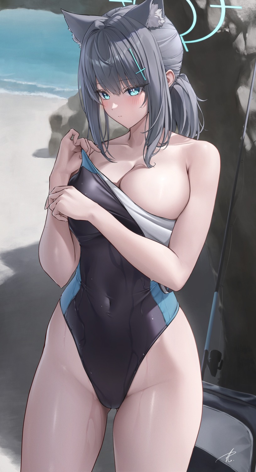 animal_ears blue_archive halo nekomimi sunaookami_shiroko swimsuits undressing yabacha